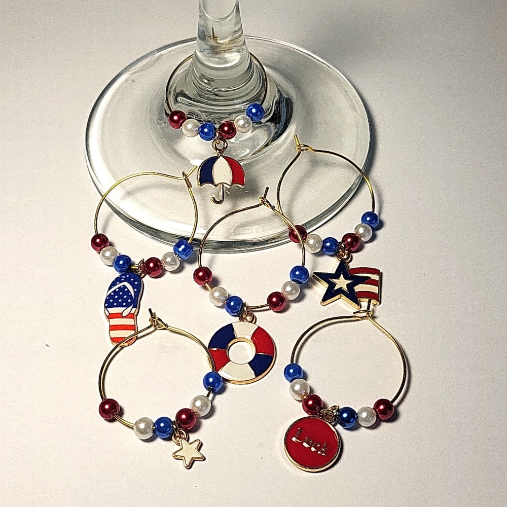 6 Beautiful Celebrate America USA 4th of July Crystal Wine Charms #3